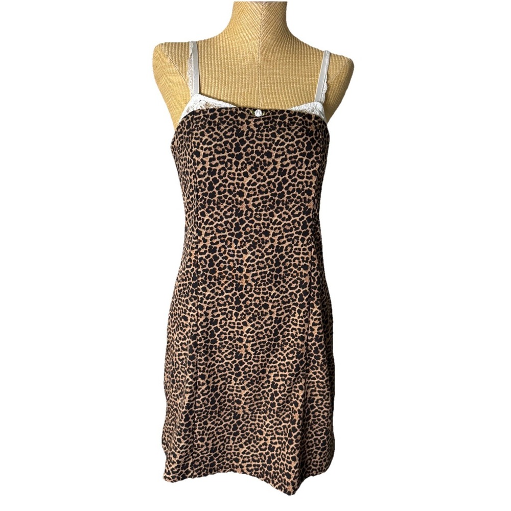 Jolie &‎ Joy Leopard Cheetah Print Slip Dress Mini Lace Trim Rosette Size Small